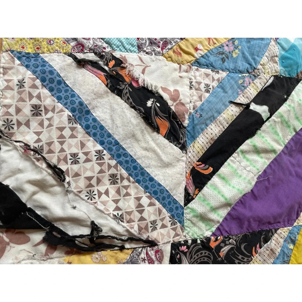 Vintage Handmade Crazy Quilt Multi-Color Patchwork Folk Art Cutter Quilt 74x66